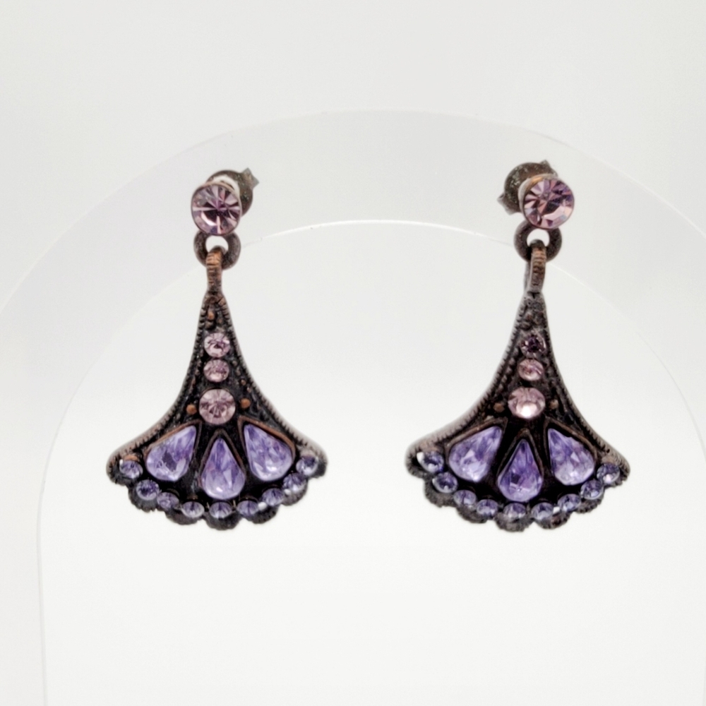 Silver Colored Antique-Looking Purple And Pink Gem Fan Post Earrings